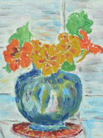 Ancien tableau nature morte aux capucines fleurs poète Jean Sylvaire Dordogne - Miniature 4