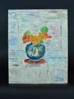 Ancien tableau nature morte aux capucines fleurs poète Jean Sylvaire Dordogne - Miniature 6