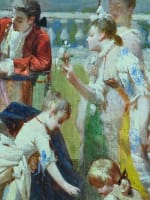 Grand tableau ancien paysage animé jeu de raquette au château tennis Serres XIXe - Miniature 1