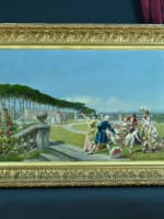 Grand tableau ancien paysage animé jeu de raquette au château tennis Serres XIXe - Miniature 2