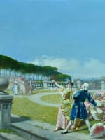 Grand tableau ancien paysage animé jeu de raquette au château tennis Serres XIXe - Miniature 3