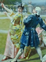 Grand tableau ancien paysage animé jeu de raquette au château tennis Serres XIXe - Miniature 4