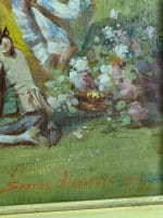 Grand tableau ancien paysage animé jeu de raquette au château tennis Serres XIXe - Miniature 5