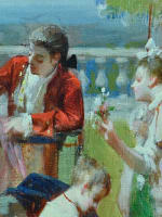 Grand tableau ancien paysage animé jeu de raquette au château tennis Serres XIXe - Miniature 12