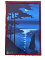 Tableau ancien symboliste bord de mer clair de lune marine Saint Tauzin Rivière - Miniature 3