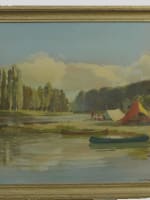 Beau tableau paysage bord de rivière bicouac camp de scout vacance signé Robert - Miniature 1