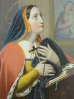 Grande litho gravure religieuse ancienne en couleurs Sainte Jeanne Jacot 70x55 - Miniature 1