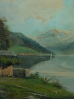 Beau tableau ancien paysage de montagne signé Carlo Casati maison lac Léman - Miniature 5