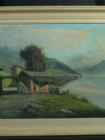 Beau tableau ancien paysage de montagne signé Carlo Casati maison lac Léman - Miniature 12