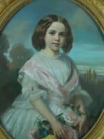 Tableau ancien portrait de petite fille bouquet de fleurs ovale paysage Durand - Miniature 3