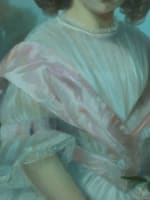 Tableau ancien portrait de petite fille bouquet de fleurs ovale paysage Durand - Miniature 5