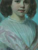 Tableau ancien portrait de petite fille bouquet de fleurs ovale paysage Durand - Miniature 8