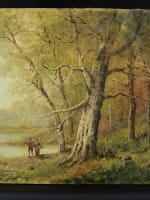 Beau tableau ancien couple au bord d'un lac Barbizon forêt Jules Pascal XIXe - Miniature 2