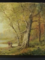 Beau tableau ancien couple au bord d'un lac Barbizon forêt Jules Pascal XIXe - Miniature 3