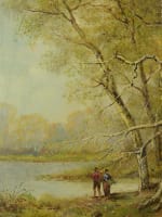 Beau tableau ancien couple au bord d'un lac Barbizon forêt Jules Pascal XIXe - Miniature 5
