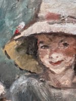 Tableau ancien portrait jeune fille assise chapeau chaise jardin impressionniste - Miniature 6