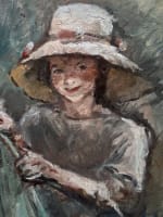 Tableau ancien portrait jeune fille assise chapeau chaise jardin impressionniste - Miniature 9