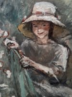 Tableau ancien portrait jeune fille assise chapeau chaise jardin impressionniste - Miniature 10