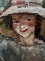 Tableau ancien portrait jeune fille assise chapeau chaise jardin impressionniste - Miniature 11