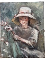 Tableau ancien portrait jeune fille assise chapeau chaise jardin impressionniste - Miniature 15