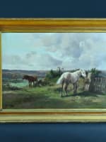 Ancien tableau portrait chevaux paysage ciel Barbizon Barrière Quinton 19ème HST - Miniature 2