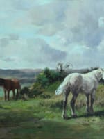 Ancien tableau portrait chevaux paysage ciel Barbizon Barrière Quinton 19ème HST - Miniature 3