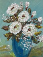 Tableau ancien bouquet de fleurs roses vase bleu art déco nature morte Maryjan - Miniature 1