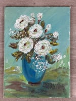 Tableau ancien bouquet de fleurs roses vase bleu art déco nature morte Maryjan - Miniature 2