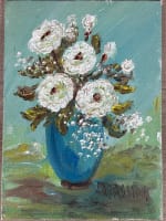 Tableau ancien bouquet de fleurs roses vase bleu art déco nature morte Maryjan - Miniature 5