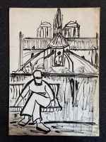 Beau dessin signé expressionniste homme assis banc Paris Notre-Dame A. Besser - Miniature 2