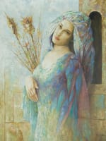 Beau tableau moderne portrait de jeune femme rêveuse onirique Gérard Guiné HST - Miniature 3