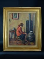 Tableau ancien portrait jeune femme dans l'atelier poêle Guerin Japon expo1907 - Miniature 3