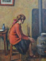 Tableau ancien portrait jeune femme dans l'atelier poêle Guerin Japon expo1907 - Miniature 4