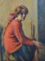 Tableau ancien portrait jeune femme dans l'atelier poêle Guerin Japon expo1907 - Miniature 5