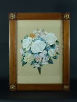 Beau tableau jeté de fleurs roses still life German 1896 A. Wimmer cadre acajou - Miniature 7