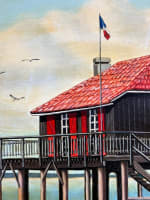 Ancien tableau marine bateaux les Cabannes ponton Le Cap Ferret signé HST - Miniature 1