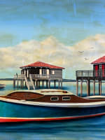 Ancien tableau marine bateaux les Cabannes ponton Le Cap Ferret signé HST - Miniature 3