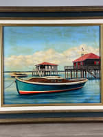 Ancien tableau marine bateaux les Cabannes ponton Le Cap Ferret signé HST - Miniature 7