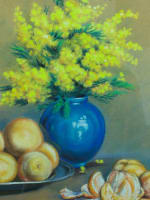 Tableau ancien nature morte bouquet de mimosas vase boule Clémentine Dorbritz 30 - Miniature 1