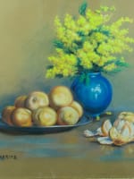 Tableau ancien nature morte bouquet de mimosas vase boule Clémentine Dorbritz 30 - Miniature 3