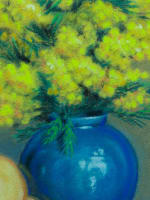 Tableau ancien nature morte bouquet de mimosas vase boule Clémentine Dorbritz 30 - Miniature 4