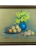 Tableau ancien nature morte bouquet de mimosas vase boule Clémentine Dorbritz 30 - Miniature 9