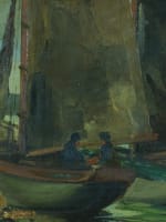 Ancien tableau marine voiliers bord de côte animé crépuscule ciel 1930 S. Gross - Miniature 3