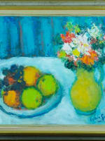 Tableau ancien nature morte impressionniste fleurs et fruits Lydie Gérard HST - Miniature 3