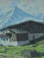 Grand tableau ancien paysage montagne chalet bois cadre trompe l'oeil Alpes - Miniature 2