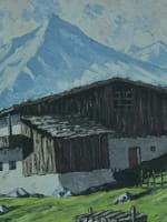 Grand tableau ancien paysage montagne chalet bois cadre trompe l'oeil Alpes - Miniature 3