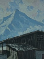 Grand tableau ancien paysage montagne chalet bois cadre trompe l'oeil Alpes - Miniature 4