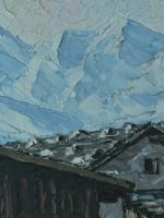 Grand tableau ancien paysage montagne chalet bois cadre trompe l'oeil Alpes - Miniature 8