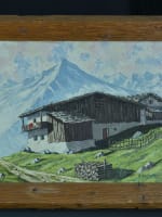 Grand tableau ancien paysage montagne chalet bois cadre trompe l'oeil Alpes - Miniature 12