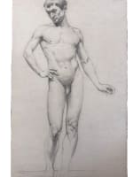 Ancien dessin académie portrait jeune homme brun nu debout déhanché atelier - Miniature 2